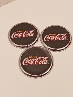 Vintage 1999 Coca-Cola Chrome & Black Faux Leather Coasters Lot of 3